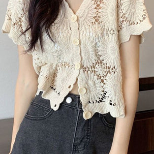 Elegant Lace Cardigan with Openwork Design