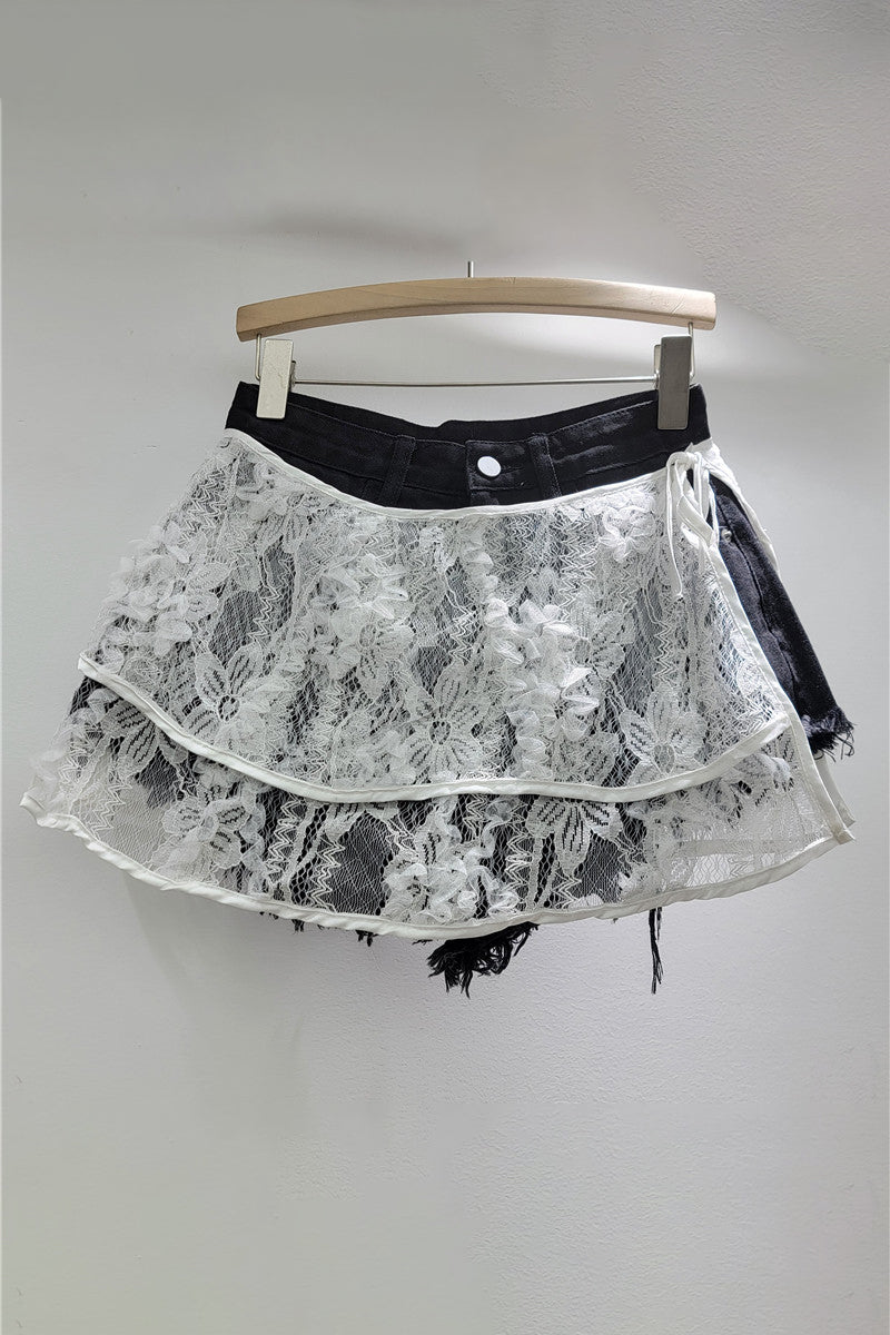 Layered Lace Denim Shorts