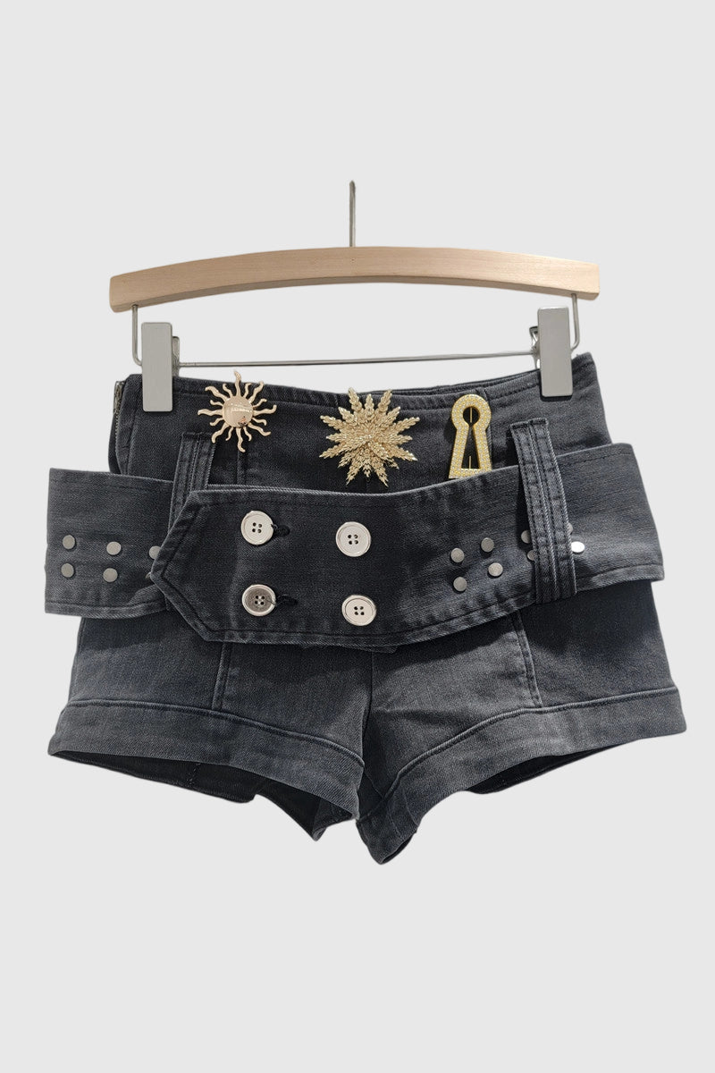 Embellished Denim Belted Shorts