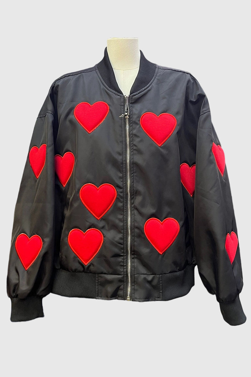 Heart Patterned Zip-Up Bomber Jacket