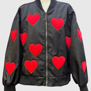 Heart Patterned Zip-Up Bomber Jacket