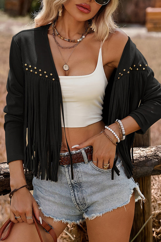 Fringe Studded Sleeveless Open Jacket