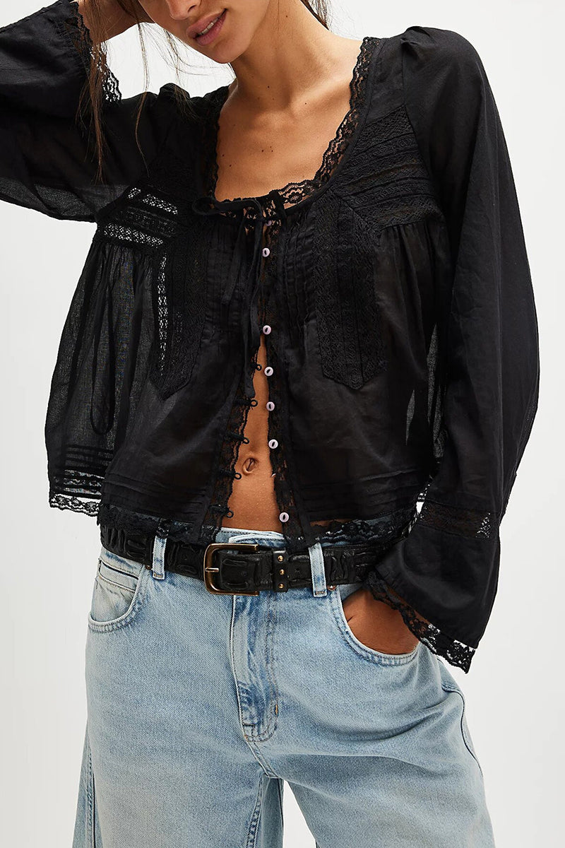 Flowy Lace Trimmed Long Sleeve Blouse