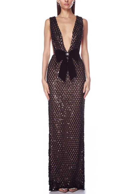 Elegant Bow-Accent Sleeveless Evening Gown