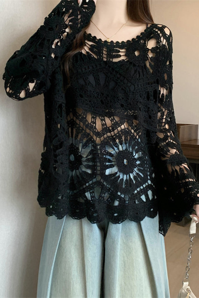 Crochet Hollow Bell Sleeve Knit Cover Up