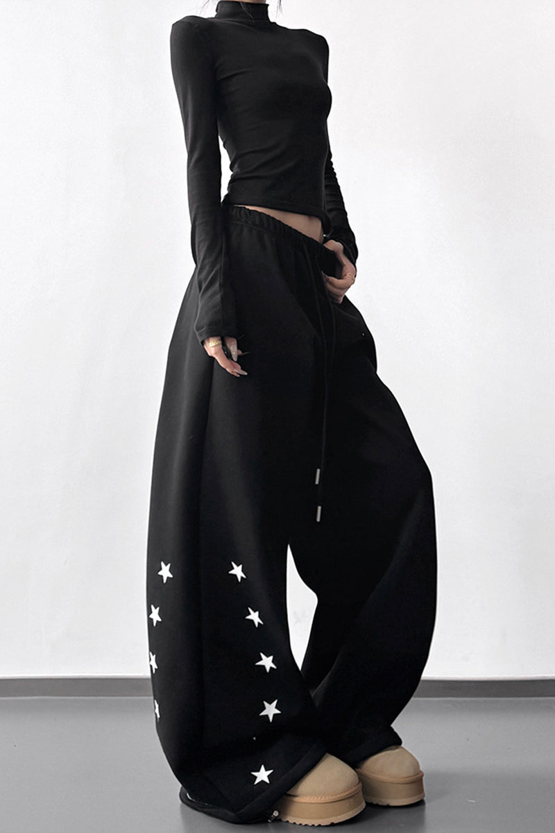 Star Embellished Wide-Leg Casual Pants