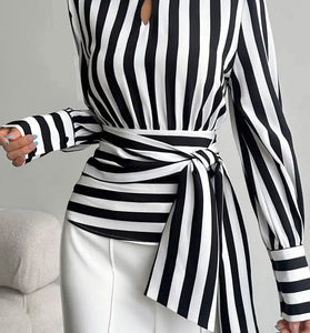 Striped Wrap Long Sleeve Blouse