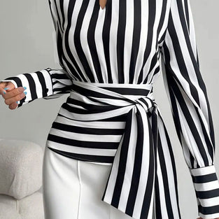 Striped Wrap Long Sleeve Blouse