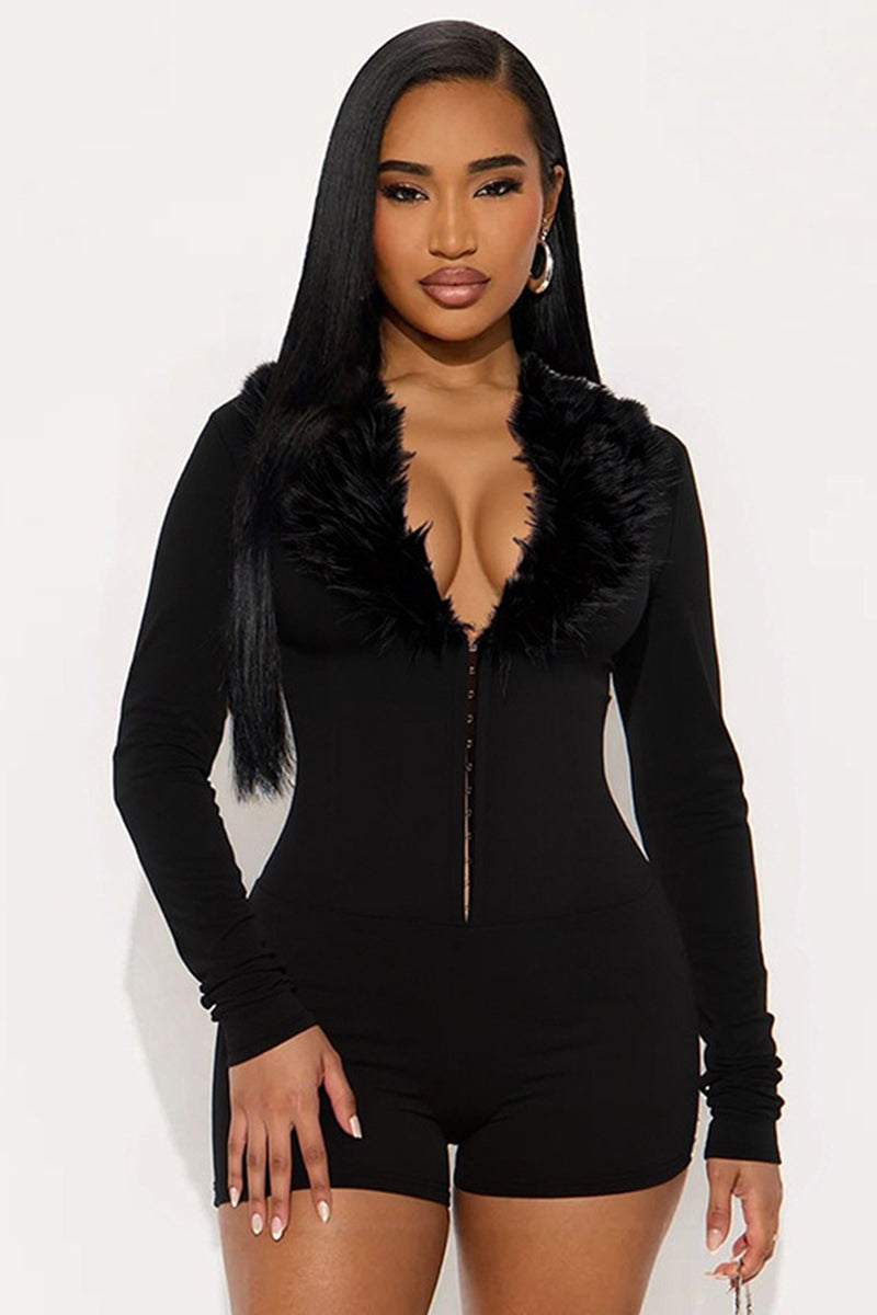 Faux Fur Collar Long Sleeve Romper