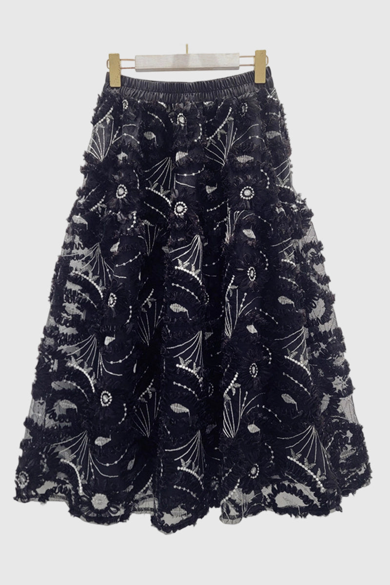 Floral Appliqué Midi Skirt