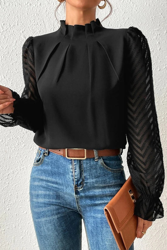 Elegant Pleated High Neck Sheer Sleeve Top