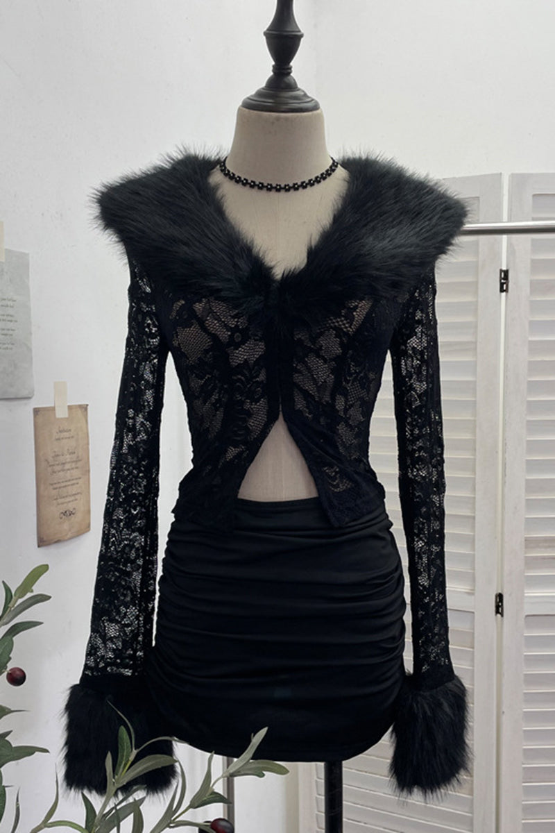 Elegant Fur Collar Lace Skirt Set