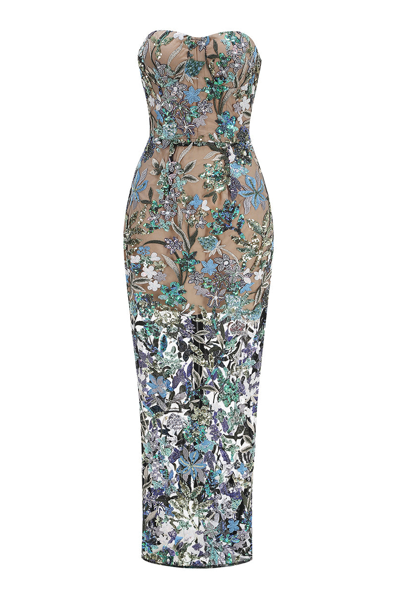 Floral Strapless Evening Bodycon Dress
