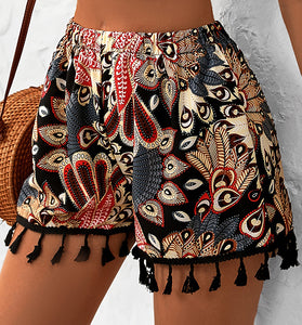 Bohemian Print Tassel Trim Casual Shorts