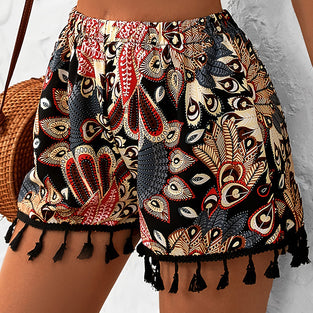 Bohemian Print Tassel Trim Casual Shorts