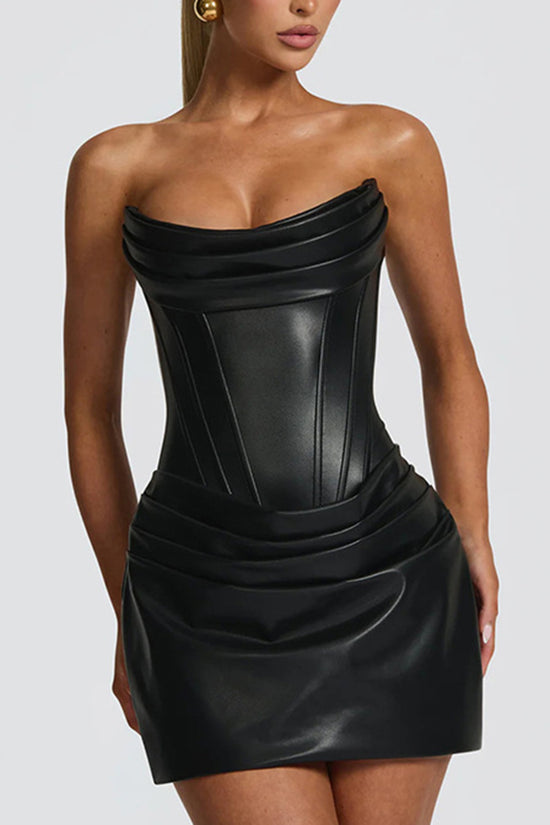 Strapless Faux Leather Bodycon Casual Dress