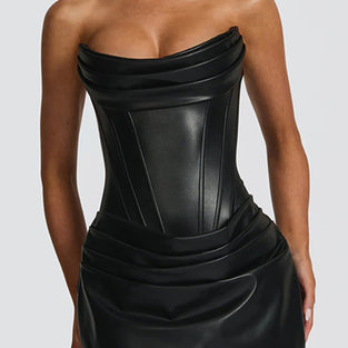 Strapless Faux Leather Bodycon Casual Dress
