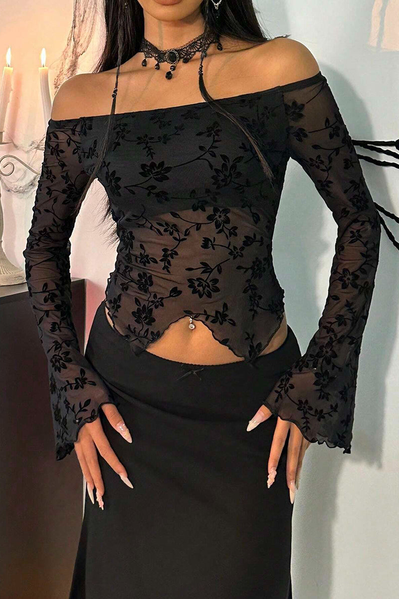 Floral Off-Shoulder Sheer Bodycon Top