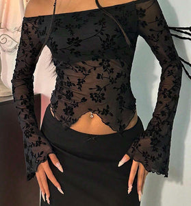 Floral Off-Shoulder Sheer Bodycon Top