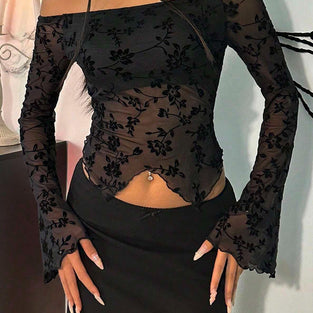 Floral Off-Shoulder Sheer Bodycon Top
