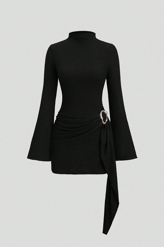 Belted High Neck Bell Sleeve Dress