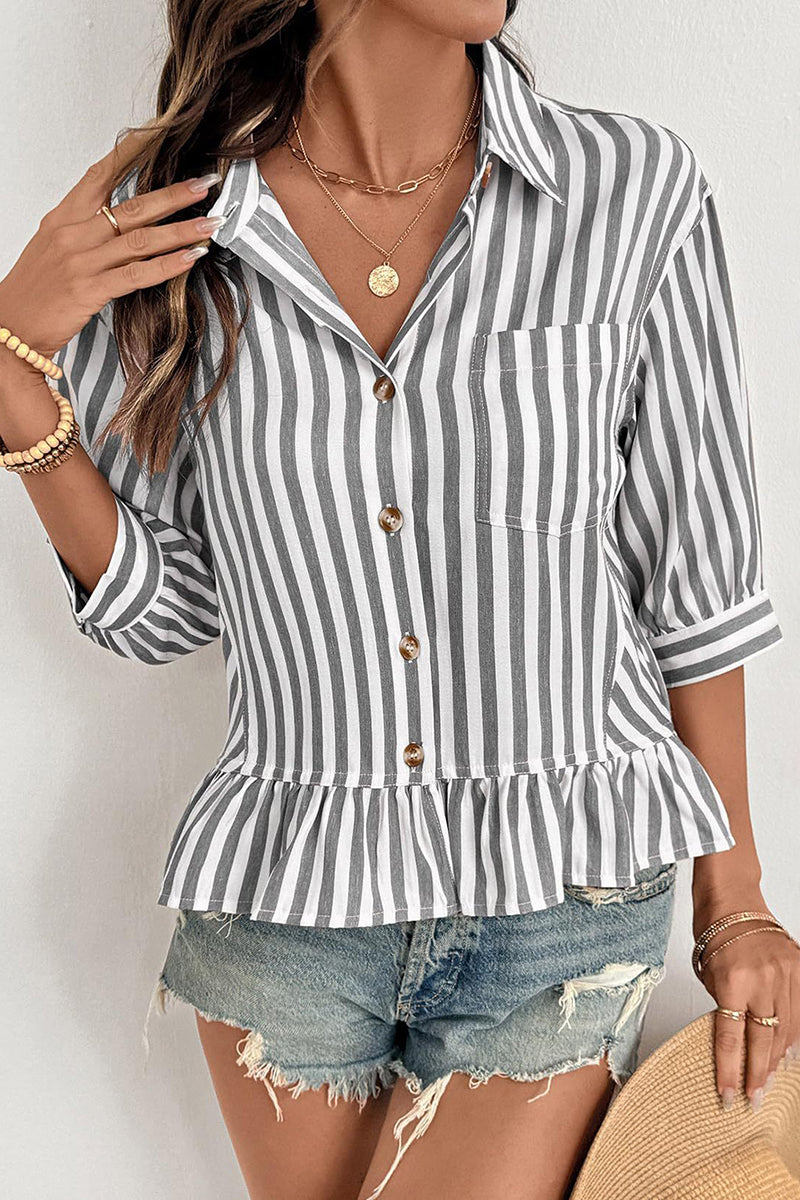 Striped Button-Up Peplum Blouse