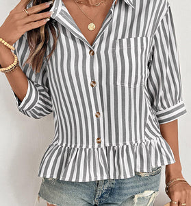 Striped Button-Up Peplum Blouse