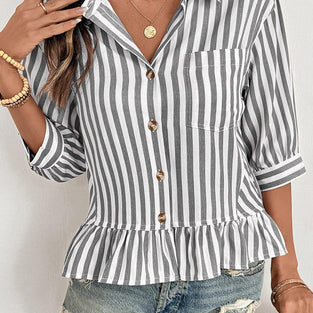 Striped Button-Up Peplum Blouse