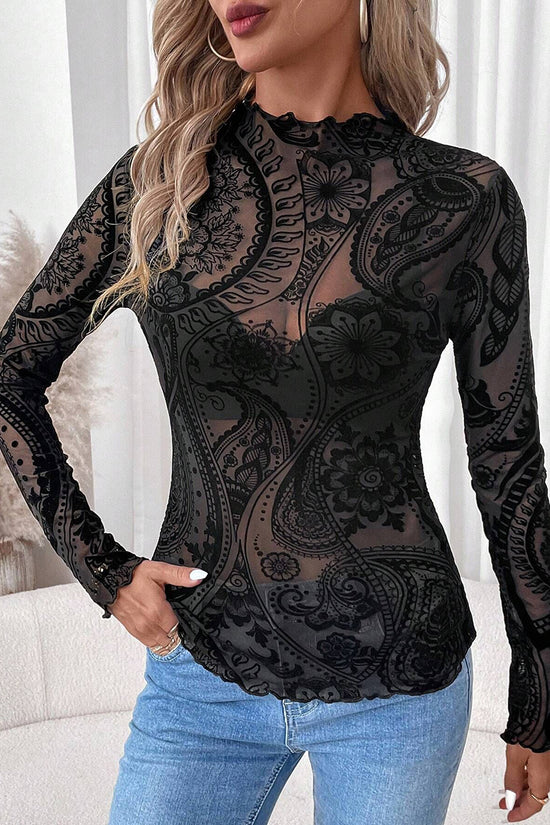 Elegant Sheer Floral Long Sleeve Top