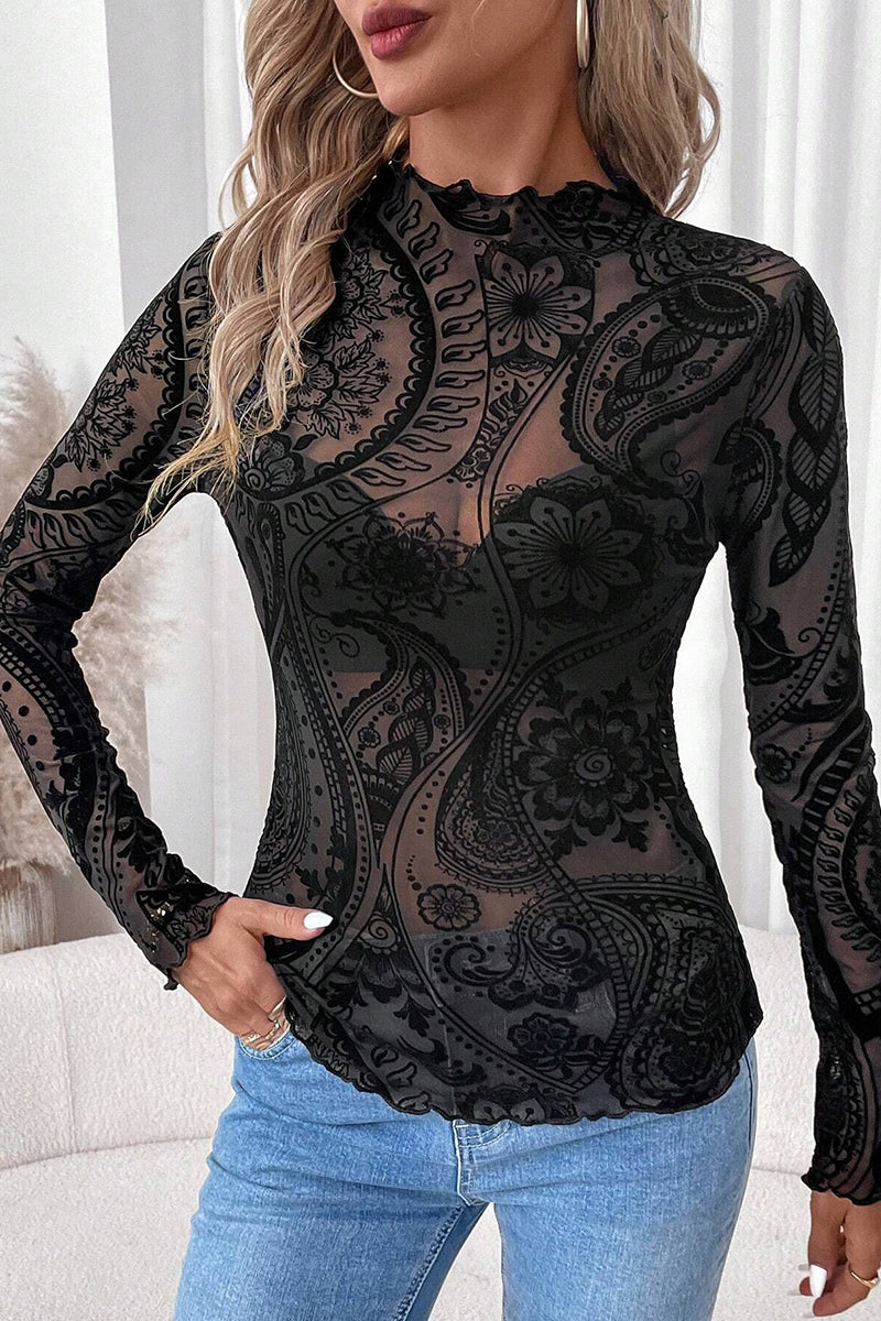Elegant Sheer Floral Long Sleeve Top
