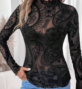 Elegant Sheer Floral Long Sleeve Top