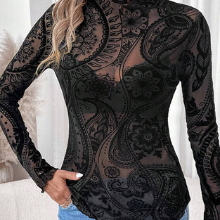 Elegant Sheer Floral Long Sleeve Top