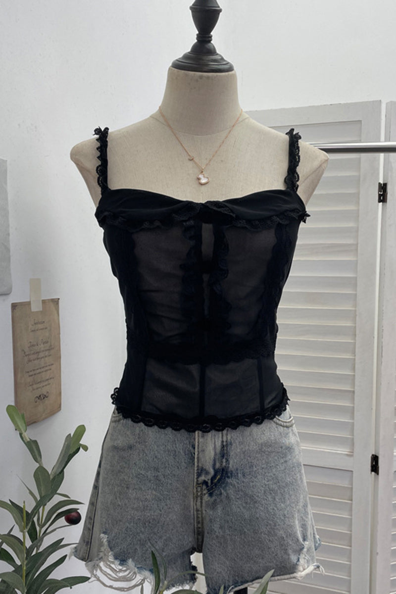 Lace Trim Sheer Sleeveless Tank Top