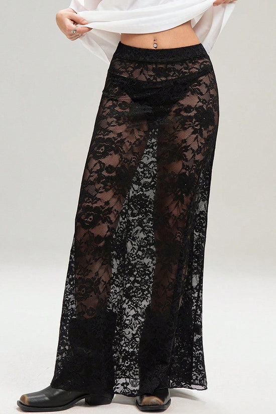 Sheer Lace Overlay Midi Skirt