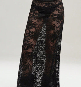 Sheer Lace Overlay Midi Skirt