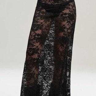 Sheer Lace Overlay Midi Skirt