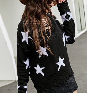 Star Pattern Lace-Up Sweater
