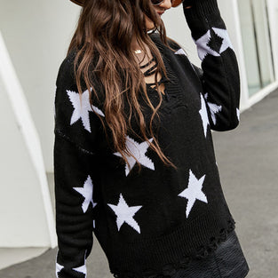 Star Pattern Lace-Up Sweater