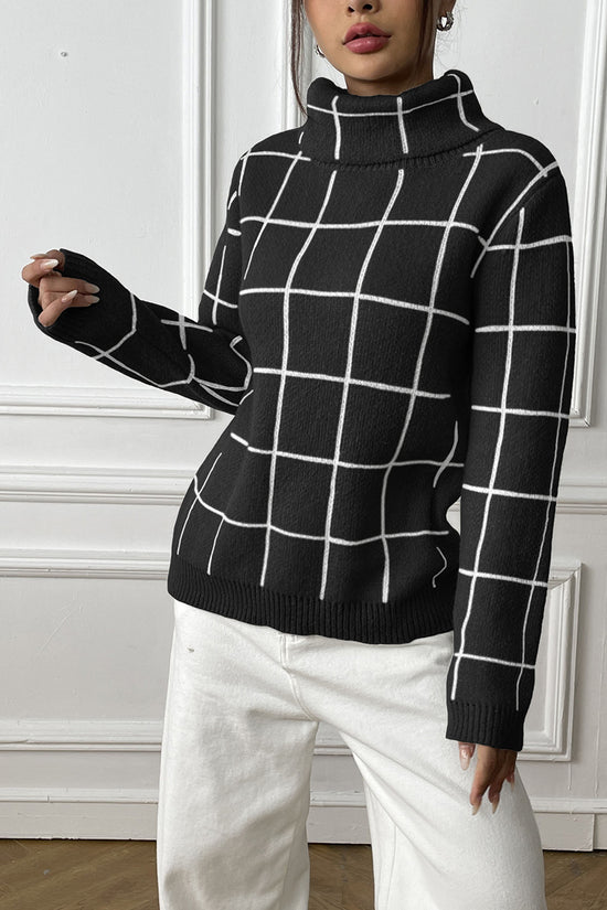 Turtleneck Grid Pattern Sweater