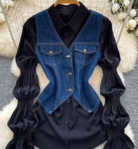 Denim Vest and White Blouse Set