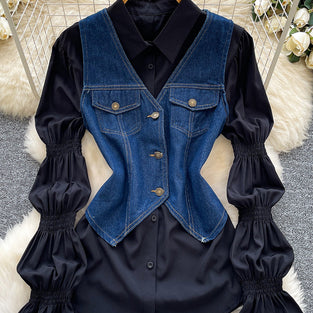 Denim Vest and White Blouse Set