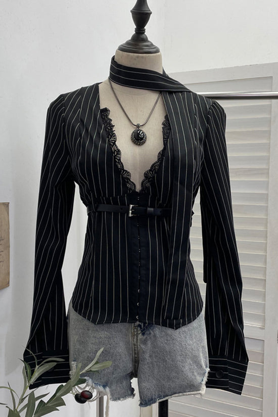 Striped Lace Belted Shirt Blouse
