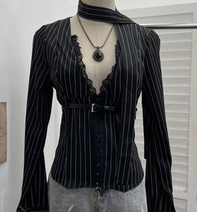 Striped Lace Belted Shirt Blouse