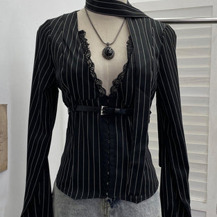 Striped Lace Belted Shirt Blouse