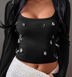 Gem-Embellished Scoop Neck Long Sleeve Top