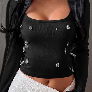 Gem-Embellished Scoop Neck Long Sleeve Top