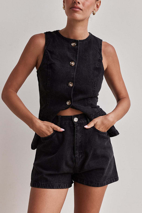 Chic Buttoned Sleeveless Shorts Set