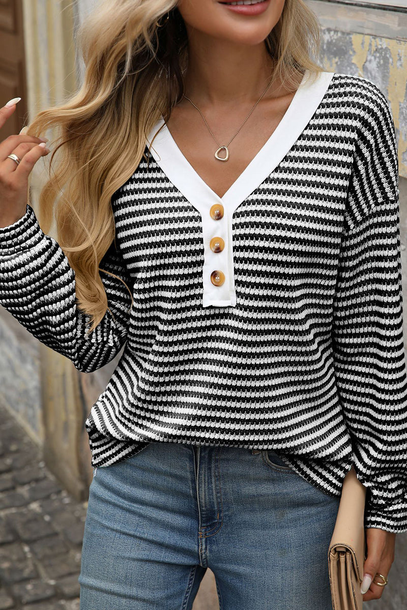 Striped V-Neck Long Sleeve T-Shirt