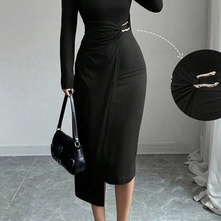 Asymmetrical High-Neck Long Sleeve Dress