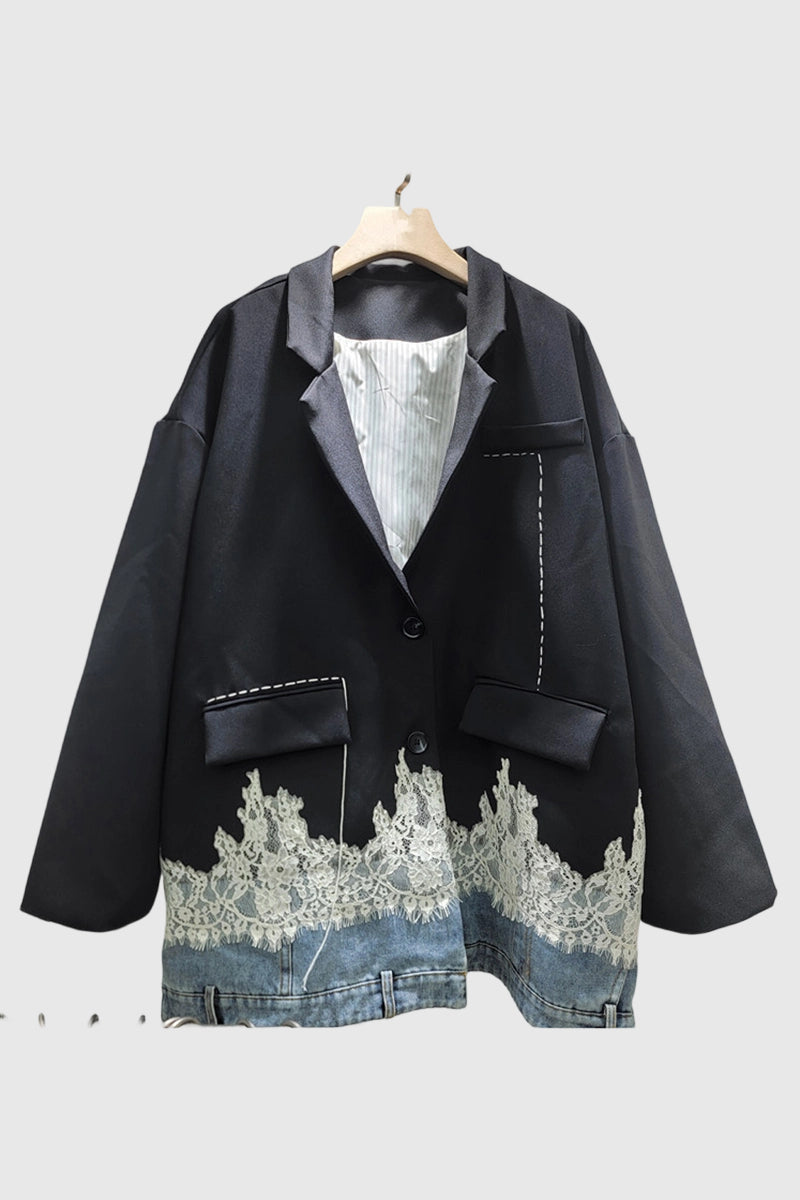 Lace Hem Denim Blazer Jacket